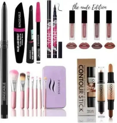 Bingeable Kajal& 3 In1 Waterproof Eyeliner, mascara, Kajal& 36H Eyeliner& 7 Pcs Brush(HK )& 2in1 Contour Stick& 4 Pcs Nude Lipstick (9 Items in the set)