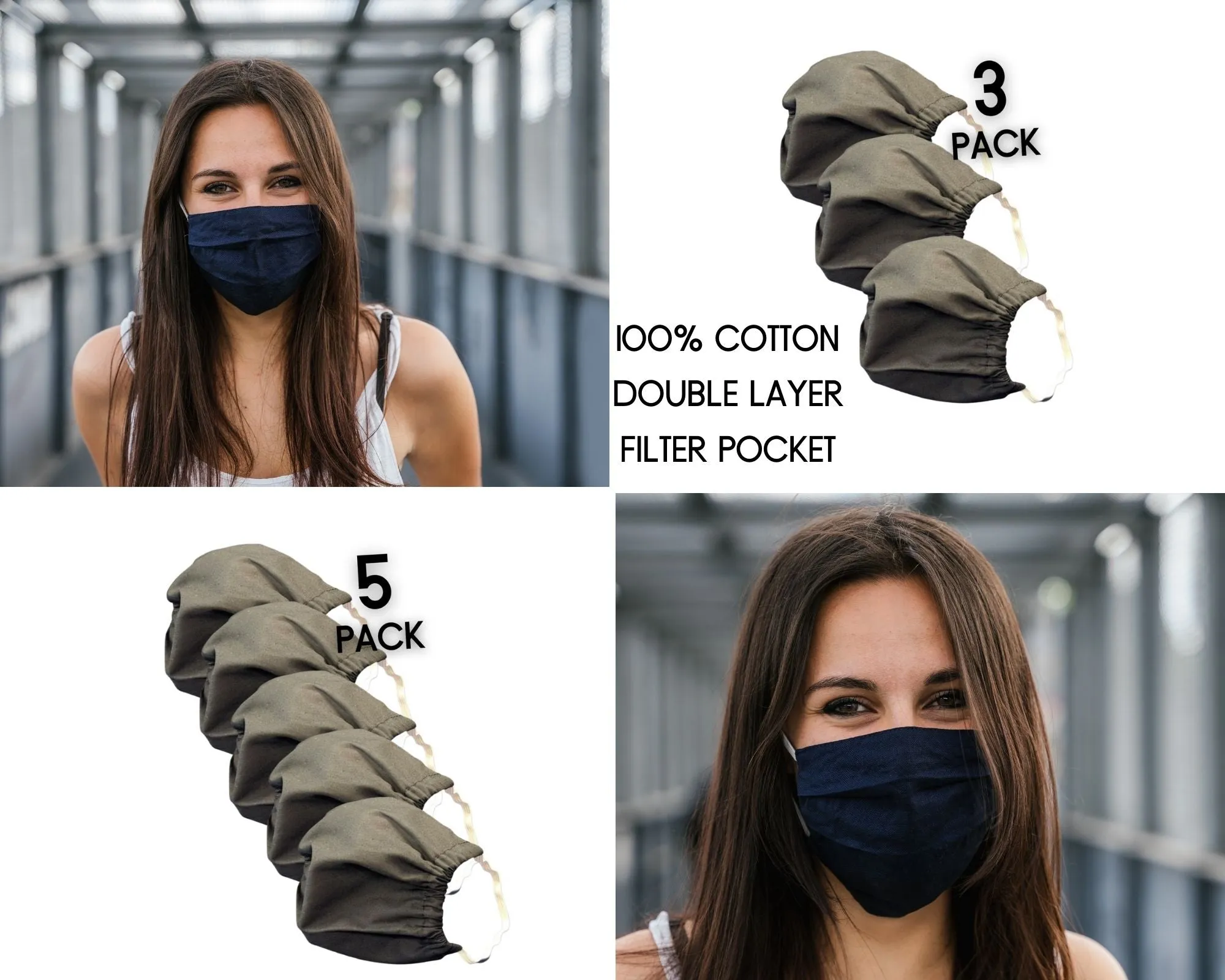 Black Cotton Face Masks Double Layer with Filter Pocket 3 Pack 5 Pack Comfy Elastic Washable Reusable Customize