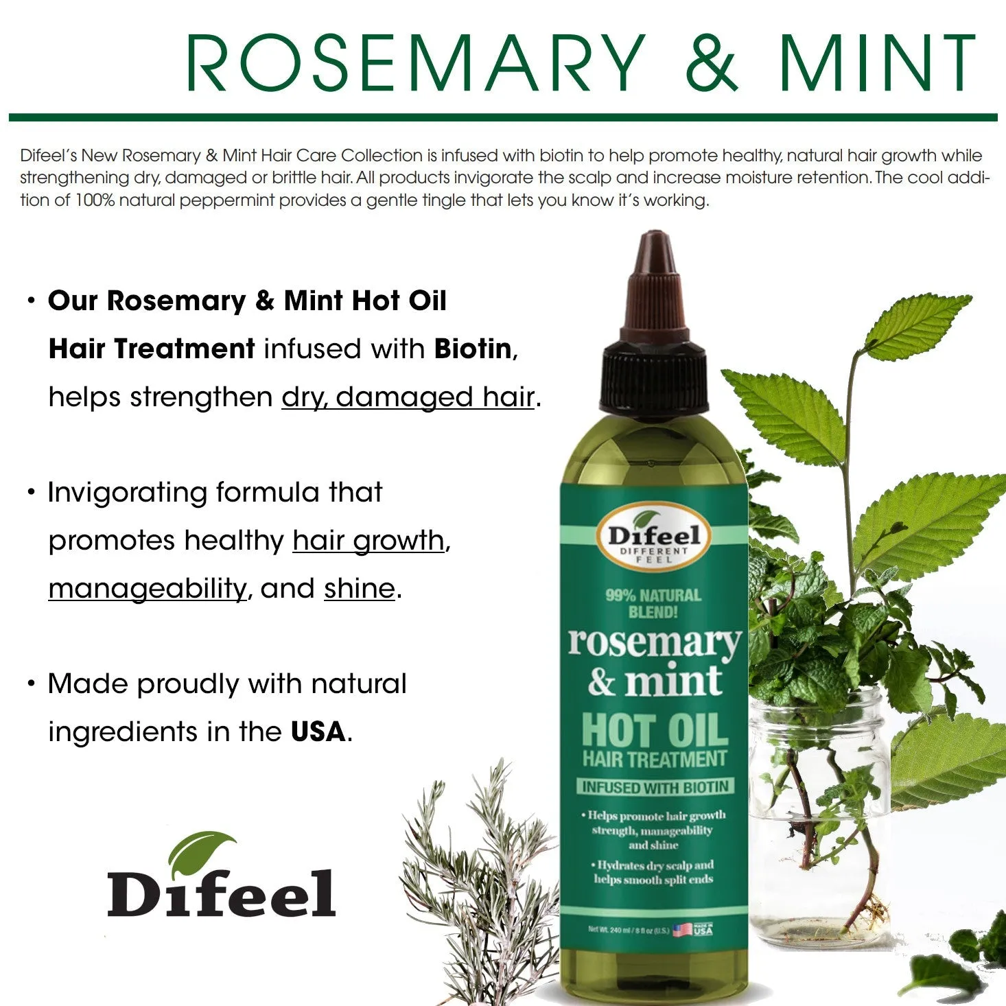 Difeel Rosemary and Mint Hot Oil Hair Treatment with Biotin 8 oz.