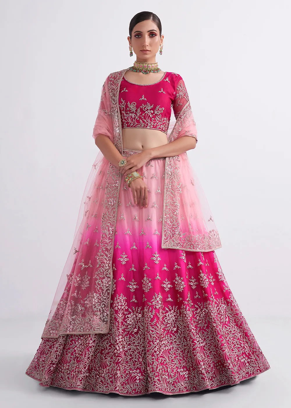 Gorgeous Shaded Pink Heavy Embroidered Bridal Lehenga Choli