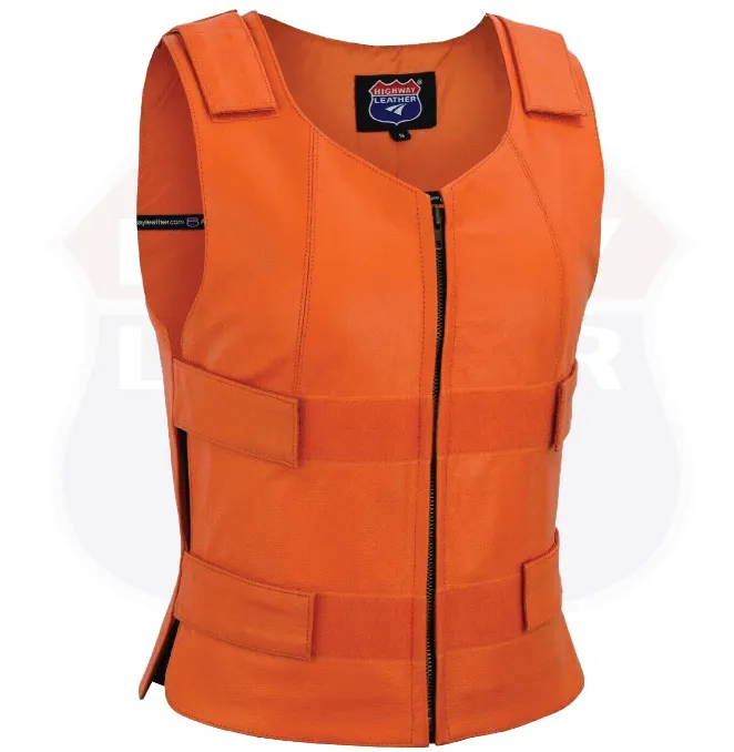 HL14945Orange Women Orange Bullet Proof Leather Vest