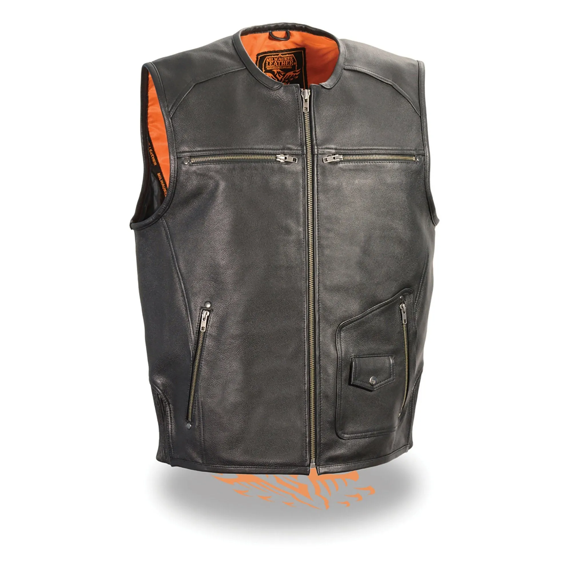 Milwaukee Leather-MLM3570-Men's Black Leather vest with Zipper Front Vest and Side Stretch Flex